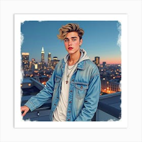 Justin Bieber In A Casual Pose, Watercolor, On A Rooftop With City Lights Art Print