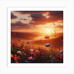 Sunset With Flowers Art Print