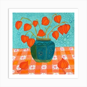 Orange Physalis Plant In Ginger Jar Square Art Print
