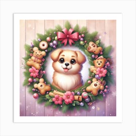 Cute Dog In A Christmas Wreath Frame Art Print