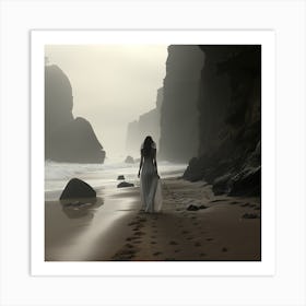 Woman Walking On The Beach Art Print