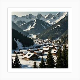 A Picturesque Alpine Village Nestled Among Snow Covered Mountains And Evergreen Forests Art Print