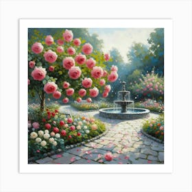 Rose Garden With The Fountain, Acrylic Style Painting 14 Art Print