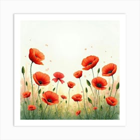 Bright Watercolor Poppies Swaying In The Breeze Art Print