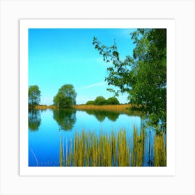 A Tranquil Lakeside Scene Where The Azure Waters Mirror The Cerulean Sky And The Reeds Sway Gently Art Print