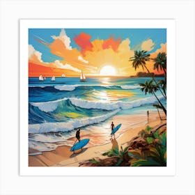 Sunset Surfers Art Print