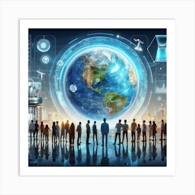 Group Of People Standing In Front Of The World Art Print