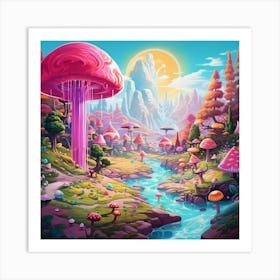 Pink Forest with mushrooms  Art Print