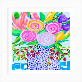 Bright Flowers In a Blue and White Vase Art Print