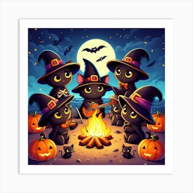 Cute Black Cats Playing Music On Halloween Night Art Print