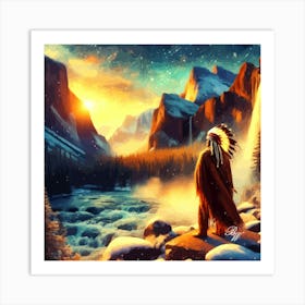 Native American Indian By Waterfall 5 Copy Art Print