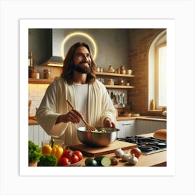 Jesus cooking a meal in a cozy modern kitchen 3 Art Print