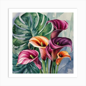 watercolor calla lilies and monstera, painting 1 Art Print