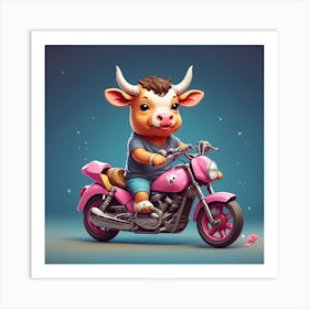 Cow On A Pink Motorcycle Art Print