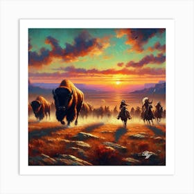 Oil Texture Native American Indians Hunting Buffalo Art Print