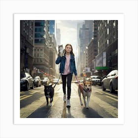 Portrait Of A Girl Walking Dogs Art Print