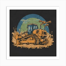 Yellow bulldozer surrounded by fiery flames 8 Art Print