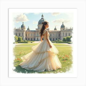 Gorgeous Woman In Watercolor Gown, Grand Historical Building 1 Art Print