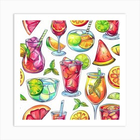 Watercolor Cocktail Seamless Pattern Art Print