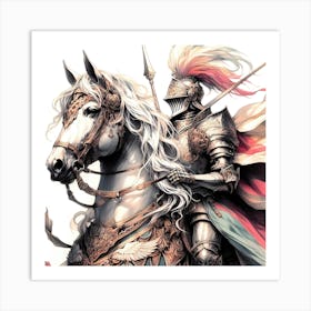 Knight In Full Armor On A Horse Creative Color Drawing Art Print