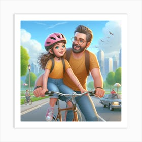 Father And Daughter Riding Bikes 2 Art Print