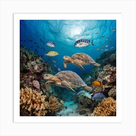 Turtles And Fishes Art Print