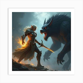 Elf Warrior With Glowing Armor Fighting A Dark Beast 1 Art Print