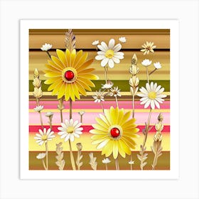 Sunny Daisies On Stripes Art Print