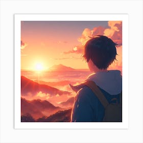 Boy Looking At The Sunset Beautiful Anime Japanese Art Print