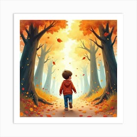 Toddler Walking Through A Colorful Watercolor Forest With Falling Leaves Art Print