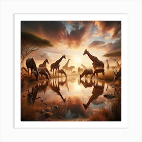 Giraffes At The Waterhole 1 Art Print