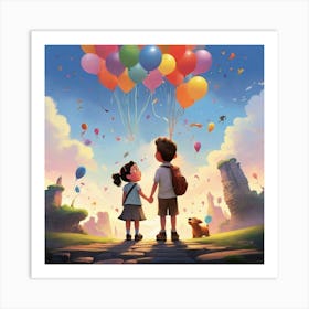 Boy And Girl Holding Balloons Art Print