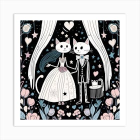 Wedding Cats whimsical minimalistic line art 1 Art Print