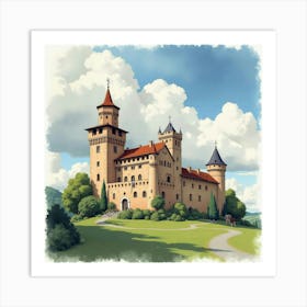 Picturesque Watercolor Of A Historic Italian Castle Set Against A Dramatic Sky 1 Art Print