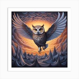 Owl In Flight Against A Backdrop Of Surreal Twisting Forms That Create The Illusion Of A Nighttime Journey Through A Dreamscape Art Print