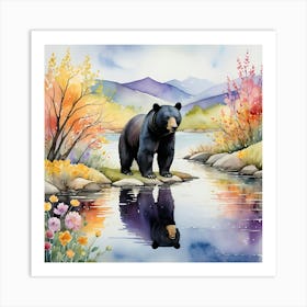 Black Bear By The River In Watercolor Art Art Print