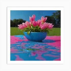 Pink Tulips In A Blue Bowl Art Print