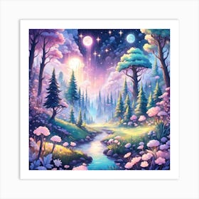 A Fantasy Forest With Twinkling Stars In Pastel Tone Square Composition 273 Art Print