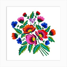 Grandmommy Flowering Bouquet - Poppy Cornflower Violet - Green Leaves - Blossom - Satin Stitch Obereg Embroidery from my Grandma 1 Art Print