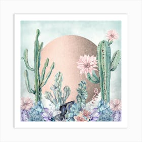 Watercolor Cactus - Rose Gold Boho Sunrise Art Print