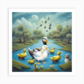 Happy Family Duck in the lake- Mallard and ducklings with beauty nature with cute birds Art Print