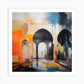 Abstract Contemporary Art Print - Orange & Blue Archways With Reflection In Water Art Print