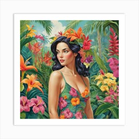 Woman In Tropical Flower Garden Art Print 3 Art Print