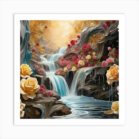 Waterfall With Roses 4 Art Print