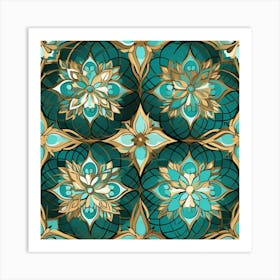 Gold And Teal Floral Pattern Art Print