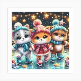 Christmas Kittens On Ice Art Print