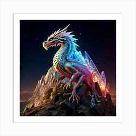 Firefly Dragon, Iridescent, Scales, Gemstones, Light, Reflection, Perched, Mountain, Peak, Mythical, (11) Art Print