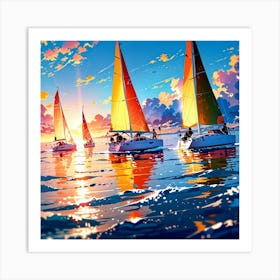 Sailboats At Sunset 3 Art Print