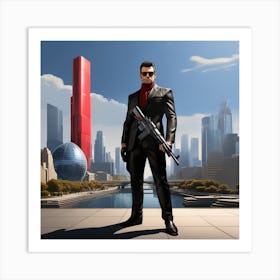 The Image Depicts A Man In A Black Suit And Helmet Standing In Front Of A Large, Modern Cityscape 2 Art Print
