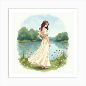 Stylish Dress In Watercolor, Against A Tranquil Lake Setting 1 Art Print